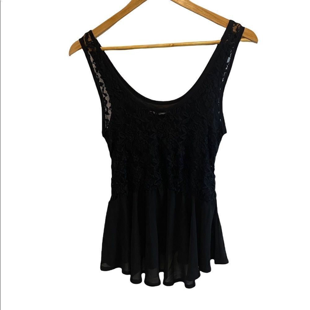 Junior Black Lace & Chiffon Fitted Flounce Tank Top L